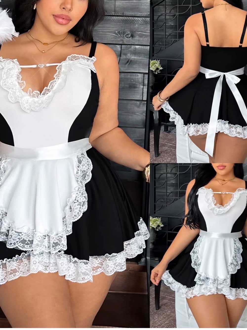 🌸. Black & White Lace Maid Costume Dress (5 pieces)